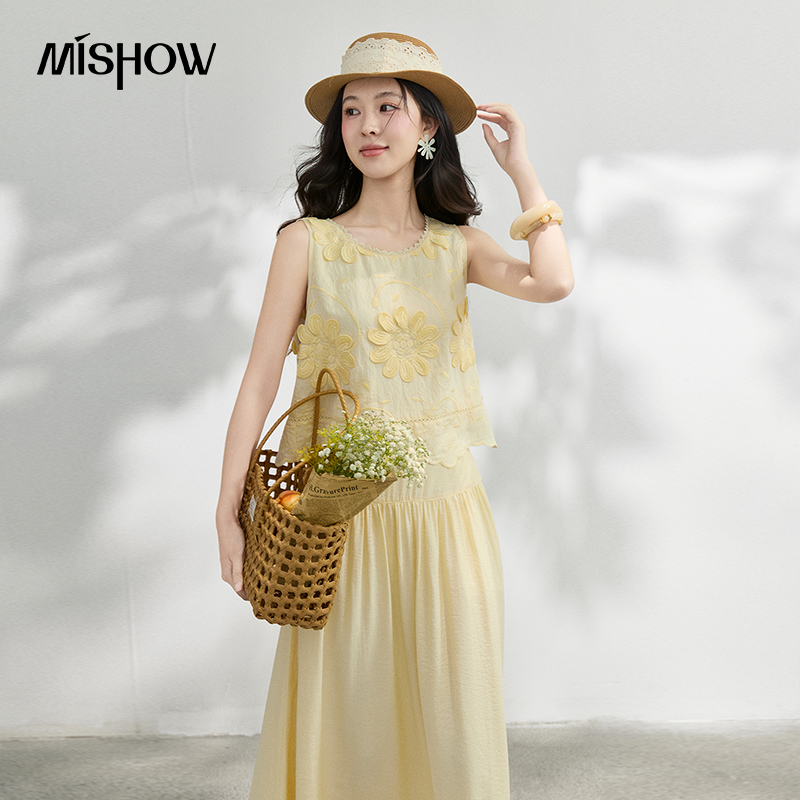 Midi Skirt Floral - MISHOW เสื้อปักลายดอกไม้สไตล์ฝรั่งเศสชุดกระโปรงฤดูร้อนเสื้อแขนกุดเอวสูงกระโปรงมิดิชุดวันหยุด MXF25T1627