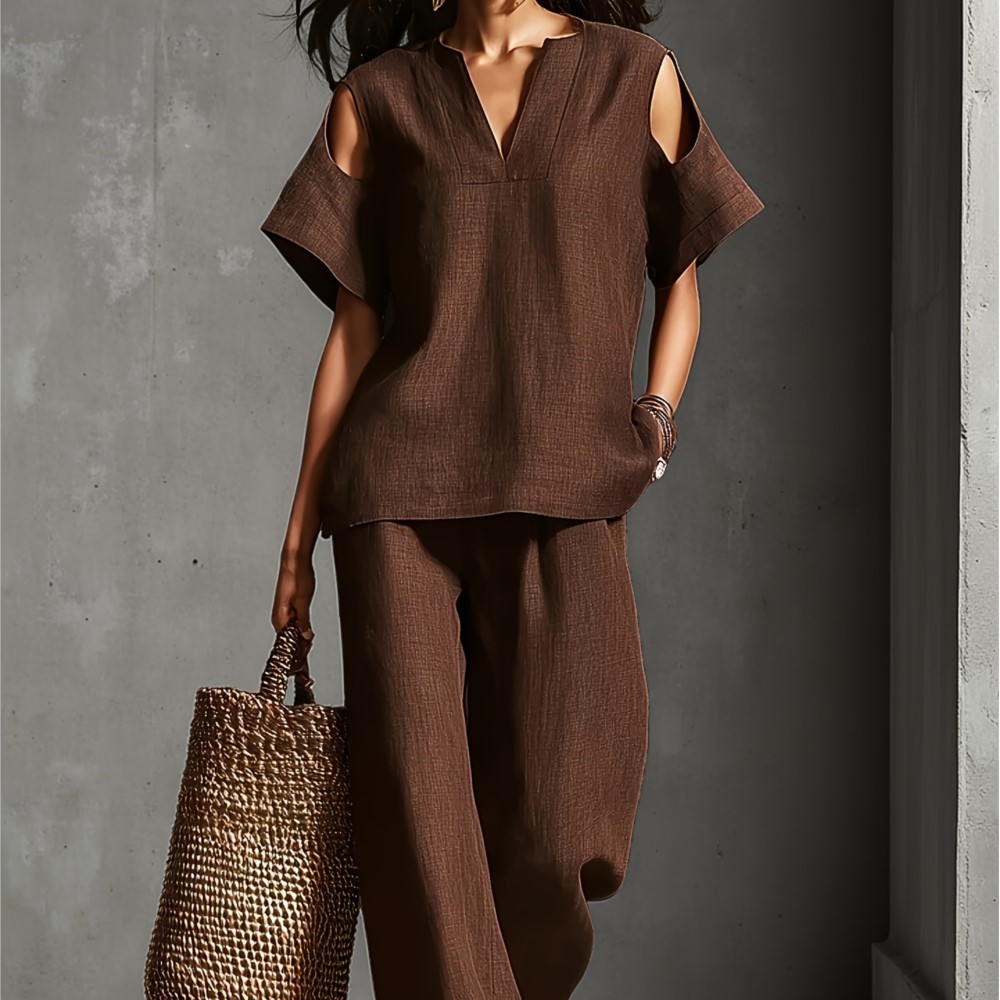 Linen Pant Wide - ชุดลำลองผ้าลินินสีพื้นเรียบง่ายสำหรับผู้หญิง เสื้อเปิดไหล่แขนสั้น กางเกงขายาวทรงกว้าง เหมาะสำหรับวันหยุดฤดูร้อน ชุดกีฬา
