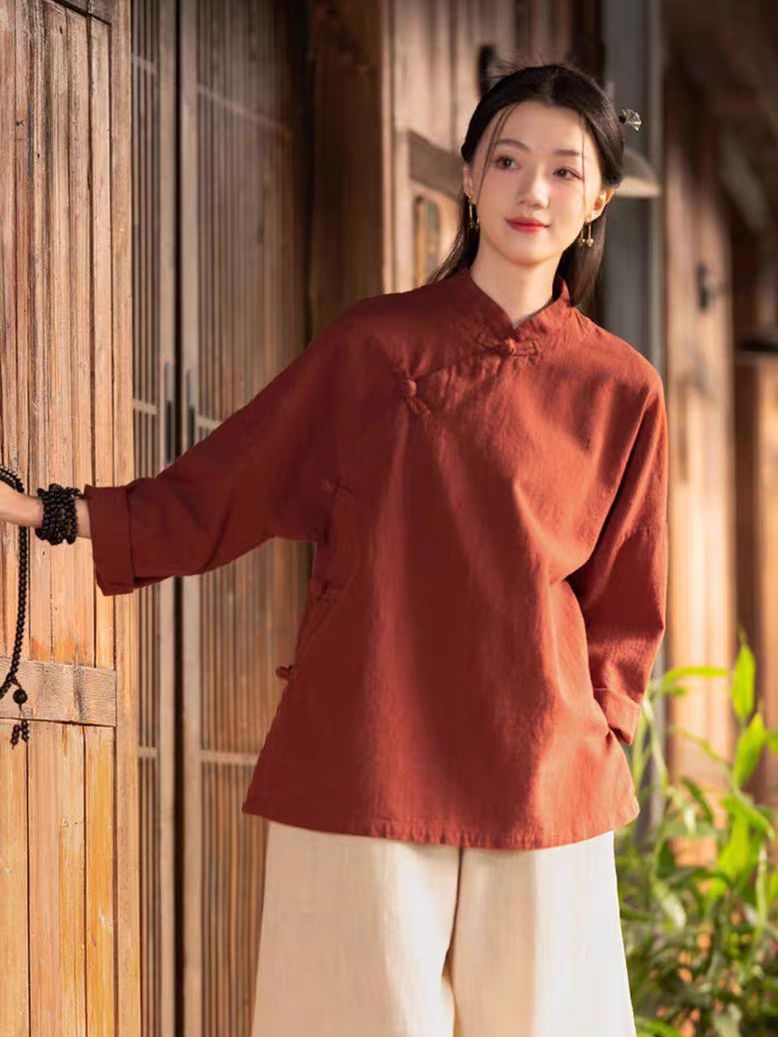 Linen Pant Wide - ชุดเสื้อเชิ้ตผ้าฝ้ายลินินแขนยาวสไตล์จีนใหม่ทรงหลวมสำหรับผู้หญิง ชุดเซ็ตสองชิ้น กางเกงขายาวทรงกว้าง สำหรับฤดูใบไม้ร่วงและฤดูร้อน