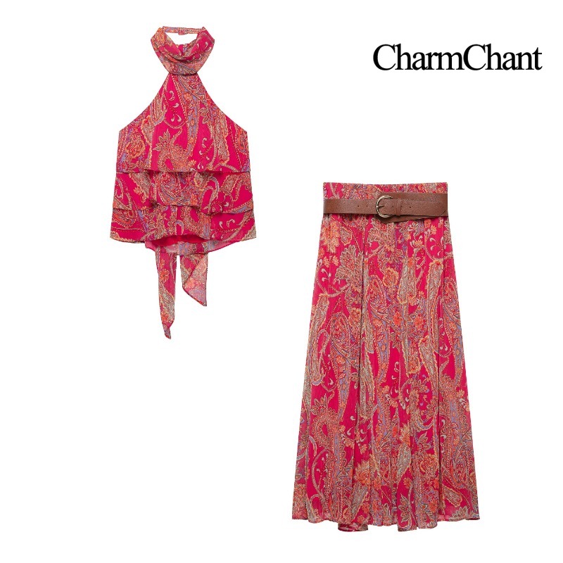 Midi Skirt Floral - ชุดเซ็ต 2 ชิ้นสำหรับผู้หญิง CHARMCHANT ลายพิมพ์ลายเพสลีย์ คอผูก
