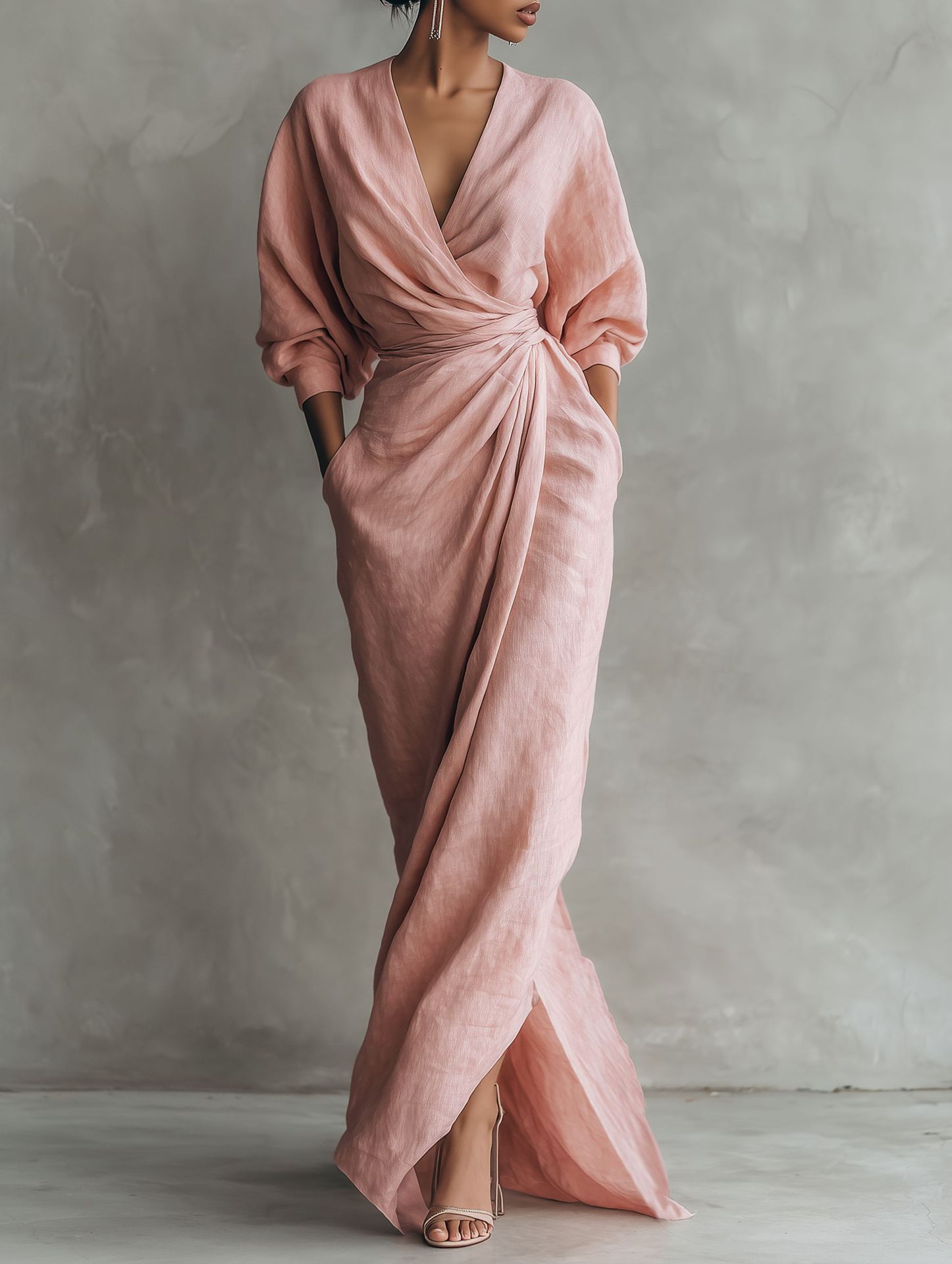 Linen Dress Wrap - เดรสยาวผ้าลินินผสมสำหรับผู้หญิง คอวี แขนทรงปีกค้างคาว ผูกเอว ผ่าข้าง ดีไซน์หรูหรา