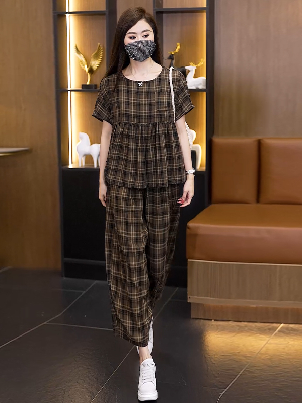 Linen Pant Wide - ชุดเซ็ตผู้หญิงไซส์ใหญ่ลายสก็อตผ้าฝ้ายลินินทรงหลวมสำหรับฤดูร้อน 2026 ช่วยปกปิดสัดส่วน ดูผอมเพรียว กางเกงขากว้างสองชิ้นสุดทันสมัย