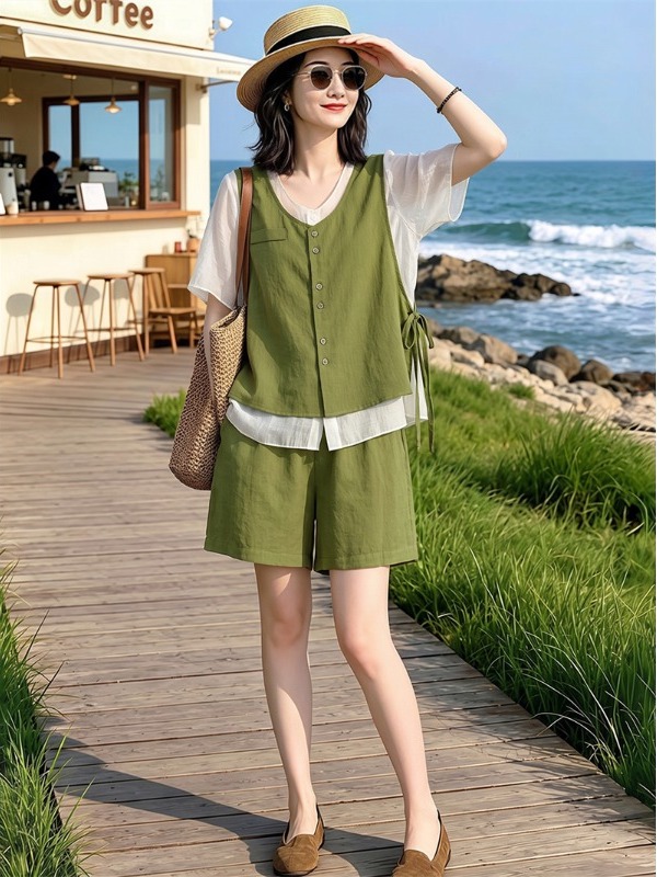 Linen Pant Wide - ชุดผ้าลินินผู้หญิงสไตล์ใหม่สำหรับฤดูร้อน น้ำหนักเบา ช่วยให้ดูผอมเพรียว กางเกงขาสั้นทรงขากว้าง ชุดสองชิ้น สวมใส่สบาย
