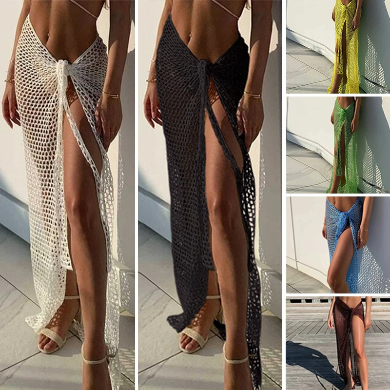 Cover Up Kaftan - Bwq มาใหม่ล่าสุดผู้หญิงถักโครเชต์กลวงออกปกขึ้นกระโปรงห่อเซ็กซี่ชุดเดรสว่ายน้ำสีพื้นผูกเชือกชายหาดสวมใส่