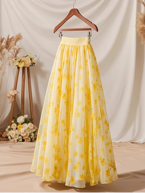 กระโปรงทรงเอเอวสูงสีเหลืองลายด - Midi Skirt Floral บทวิจารณ์และราคา