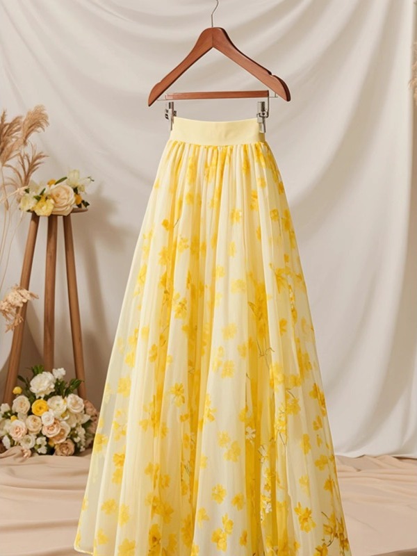 กระโปรงทรงเอเอวสูงสีเหลืองลายด - Midi Skirt Floral บทวิจารณ์และราคา